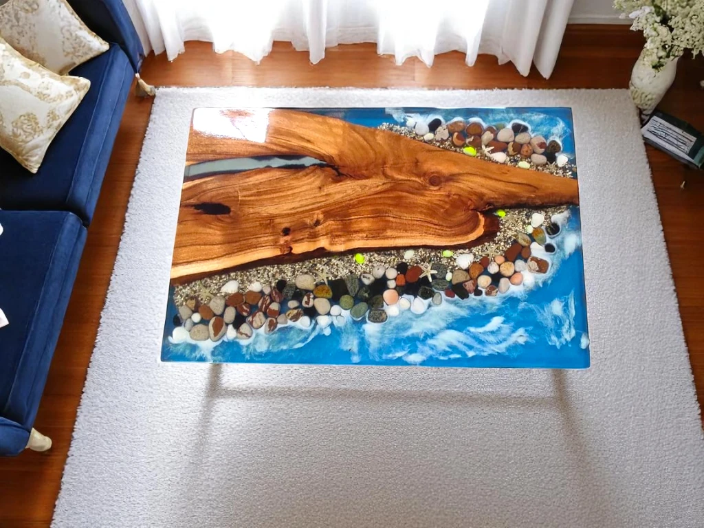 Clear Epoxy Resin Dining Table With Pebbles